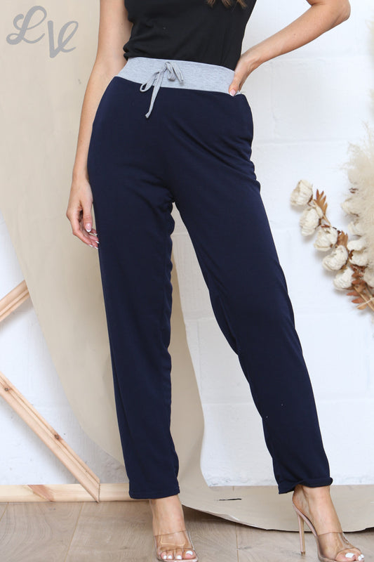 Dames Effen Joggingbroek Met Grijze Tailleband Navy