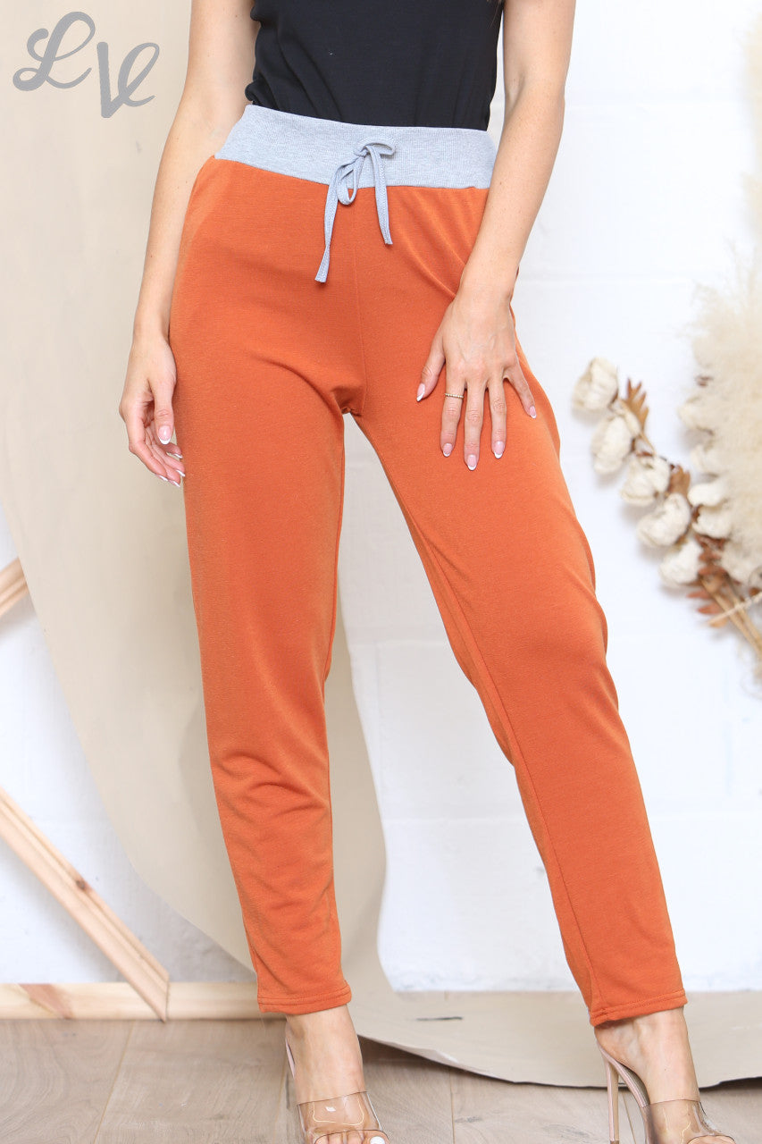 Ladies Plain Jogging Trousers With Grey Waistband Rust
