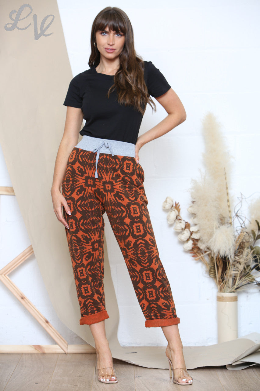 Ladies Plus Size Printed Jogging Trousers With Grey Waistband Rust
