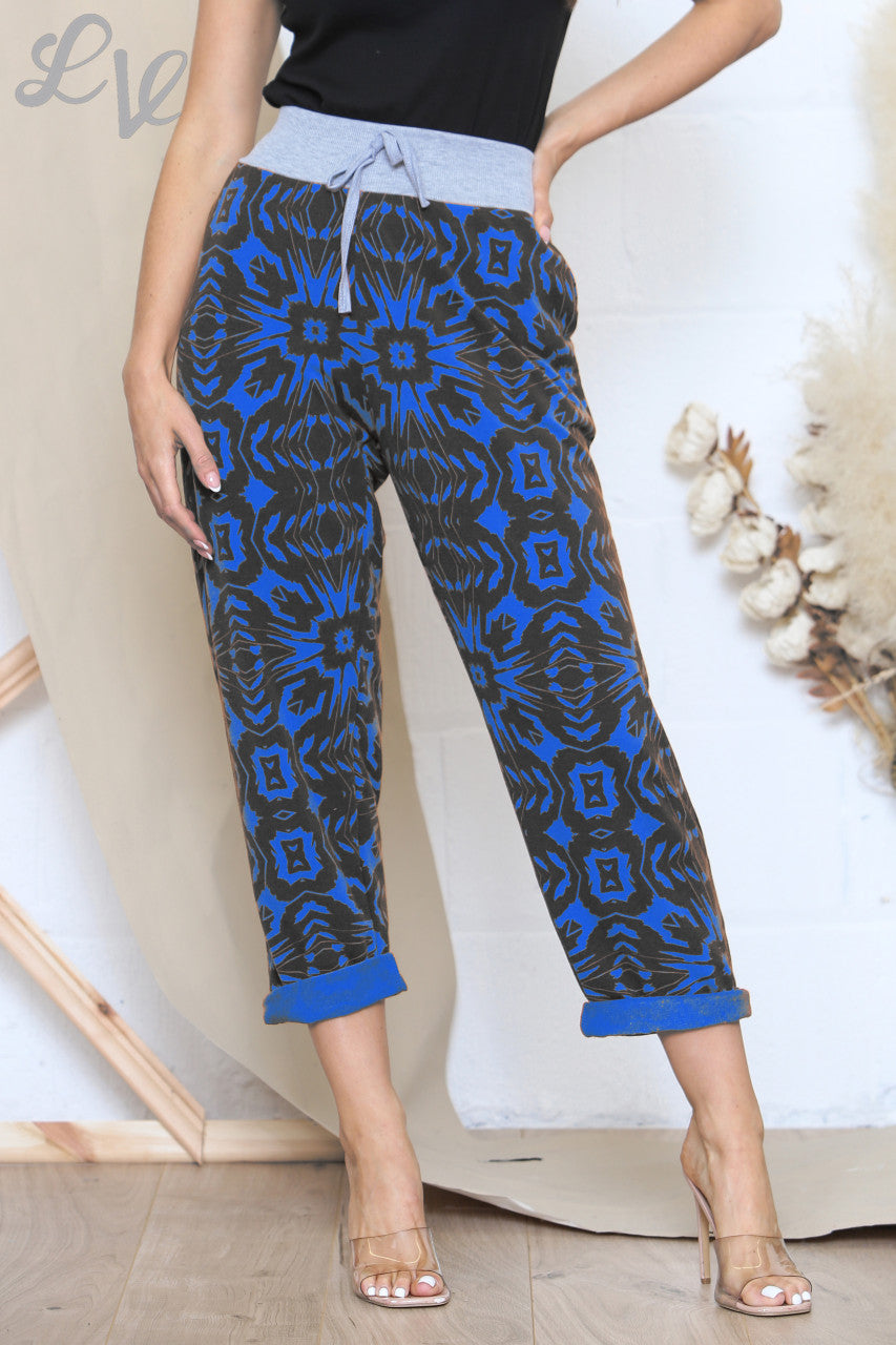 Ladies Printed Jogging Trousers With Grey Waistband Royal Blue