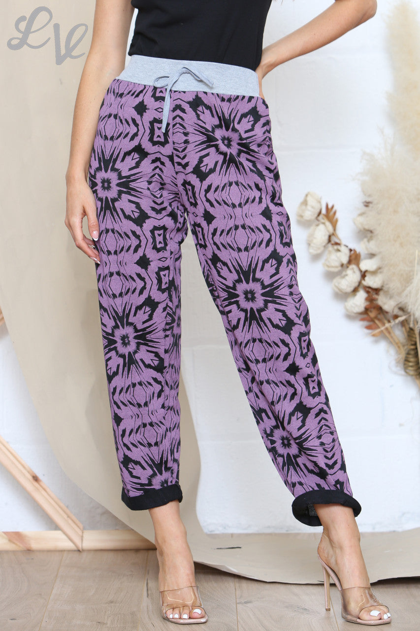 Dames Plus Size Bedrukte Joggingbroek Met Grijze Tailleband Mauve