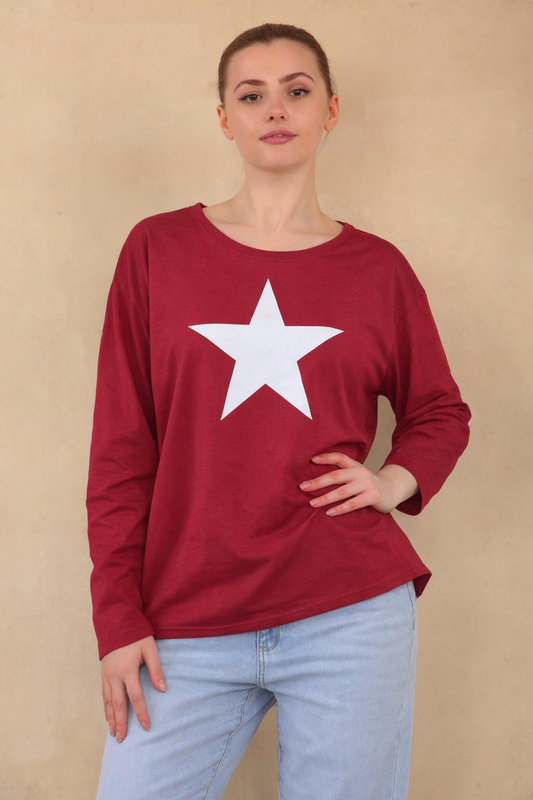 Star Print Long Sleeve Top - Burgundy