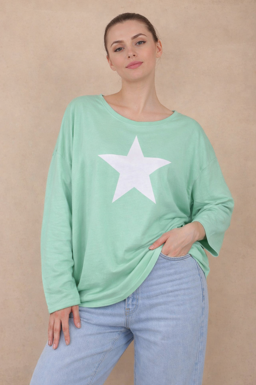 Star Print Long Sleeve Top - Mint