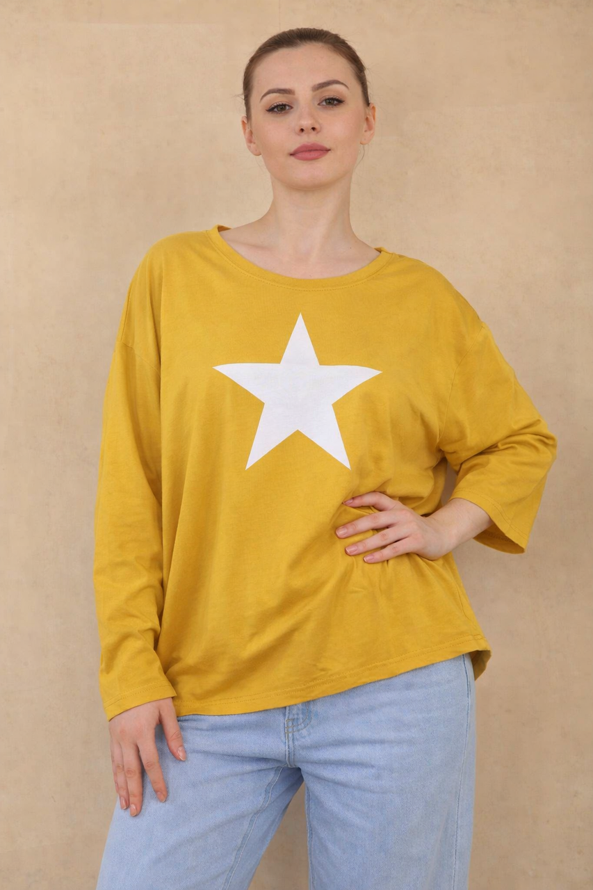 Star Print Long Sleeve Top - Mustard