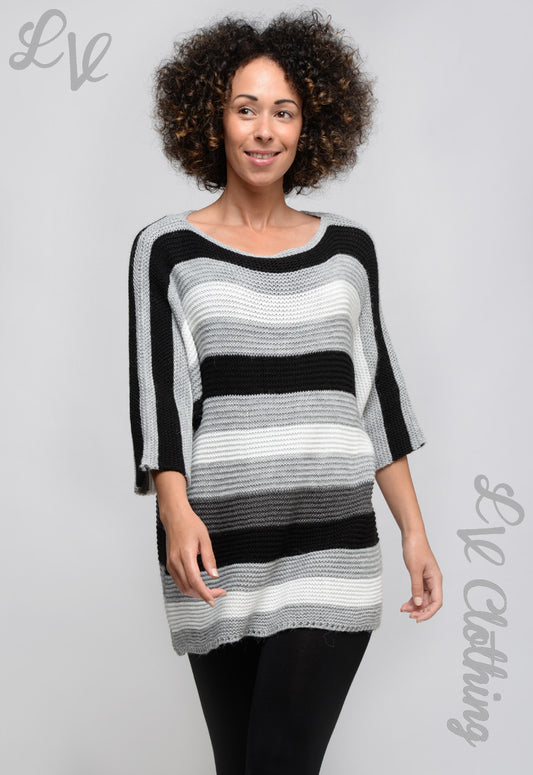 Black and white striped knitted jumper with wide neckline and 3/4 sleeves