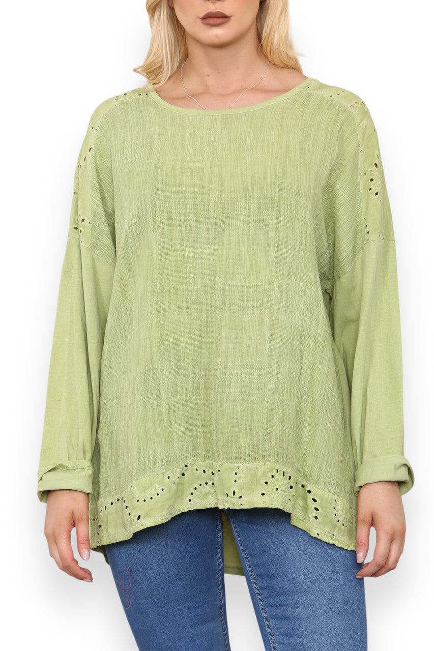 ANGLAISE SHOULDER & HEM DETAIL TOP LIME