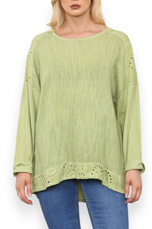 ANGLAISE SHOULDER & HEM DETAIL TOP LIME