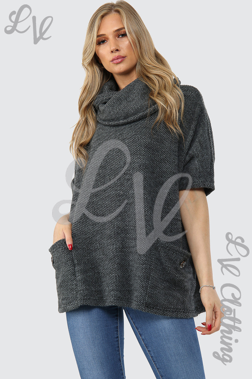 Ladies Cowl Neck Front Pocket Jumper Charcoal Unit Price £14.99