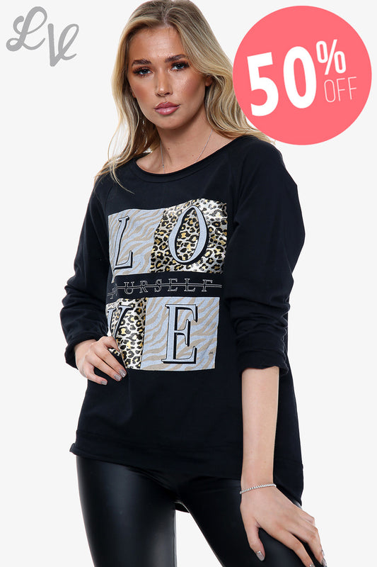 Ladies 'Love yourself' Graphic Top Black Unit Price WAS £11.99 NOW £5.99