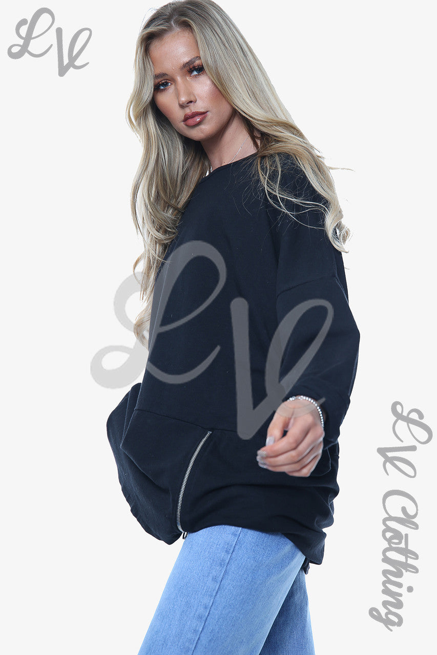 Ladies Plain Sweatshirt With Zip Detail Black Unit Price £12.99
