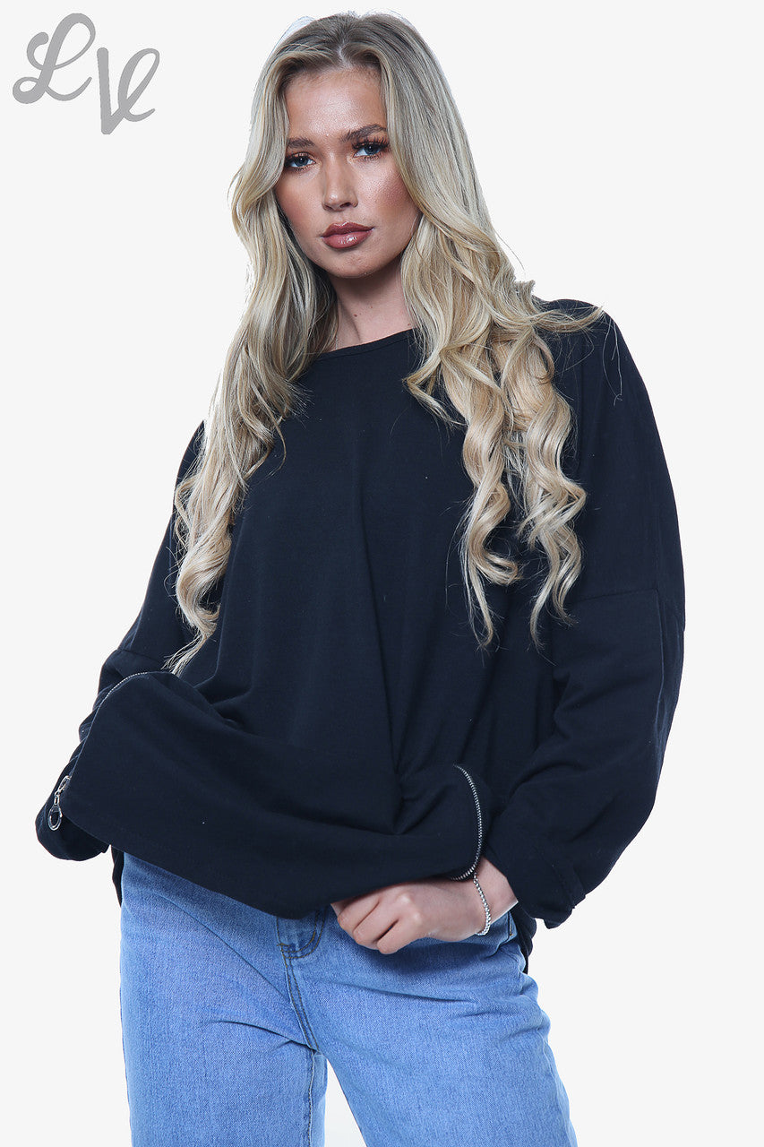 Ladies Plain Sweatshirt With Zip Detail Black Unit Price £12.99