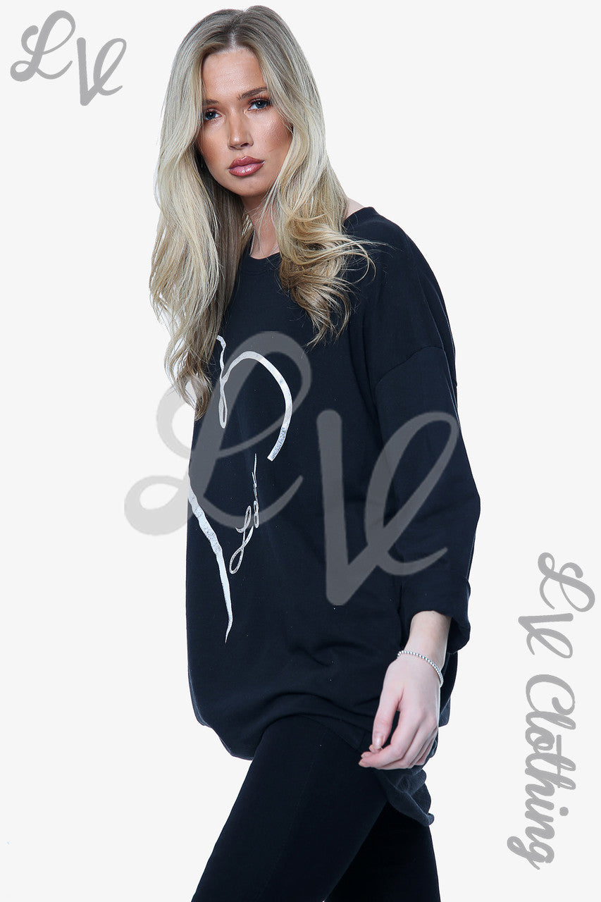 Ladies Foil Heart Love Graphic Sweatshirt Top Black Unit Price £12.99