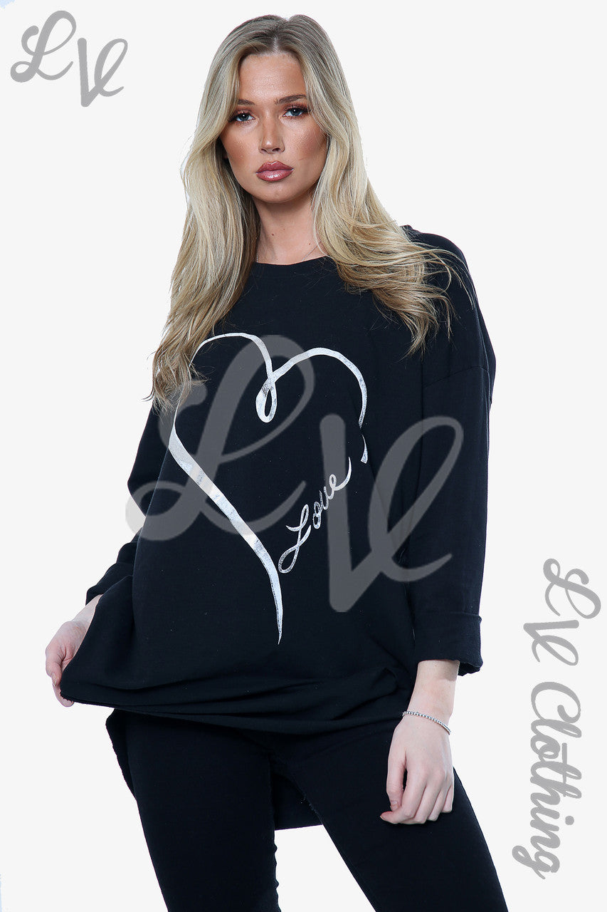 Ladies Foil Heart Love Graphic Sweatshirt Top Black Unit Price £12.99
