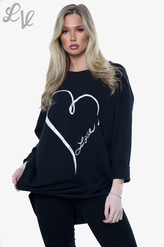 Ladies Foil Heart Love Graphic Sweatshirt Top Black Unit Price £12.99