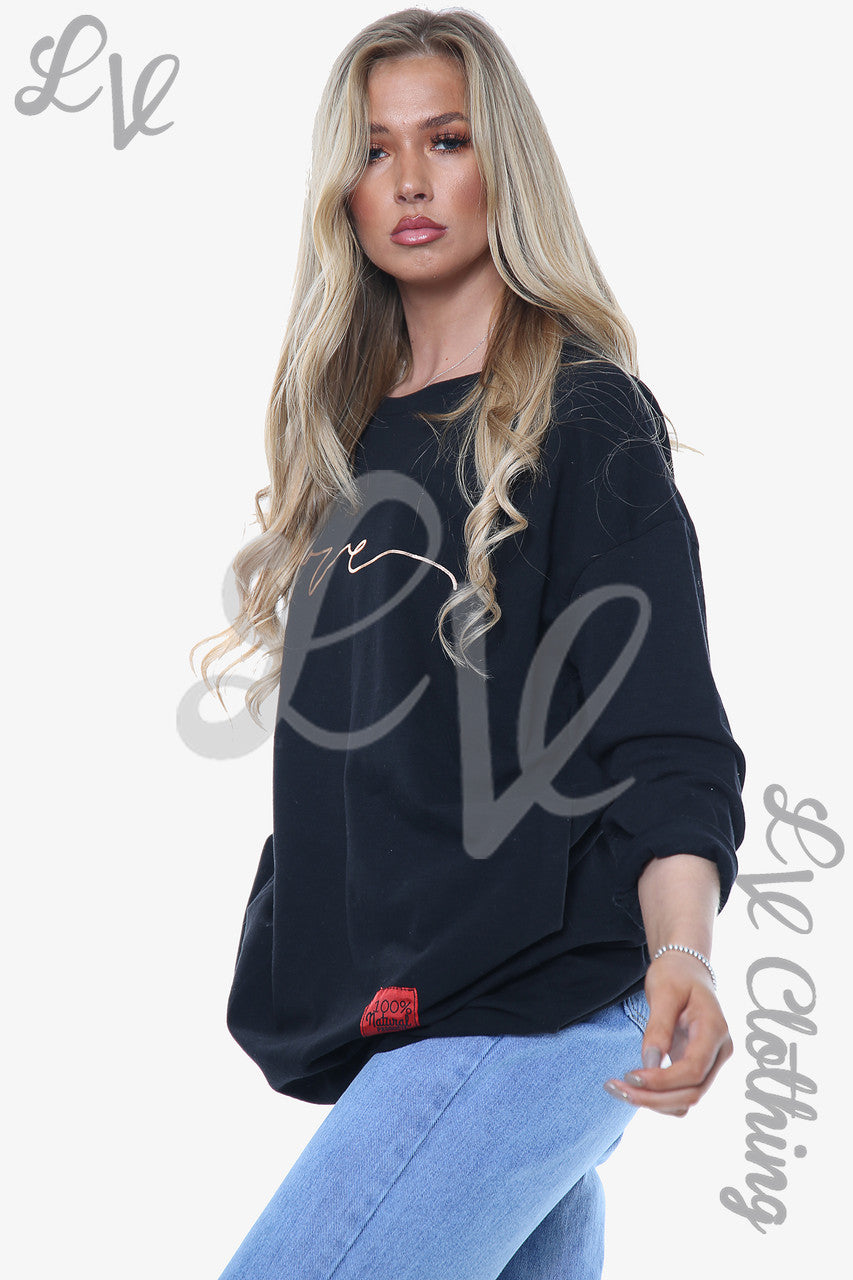 Dames Love Script Sweatshirt Top Zwart Prijs per eenheid € 11,99