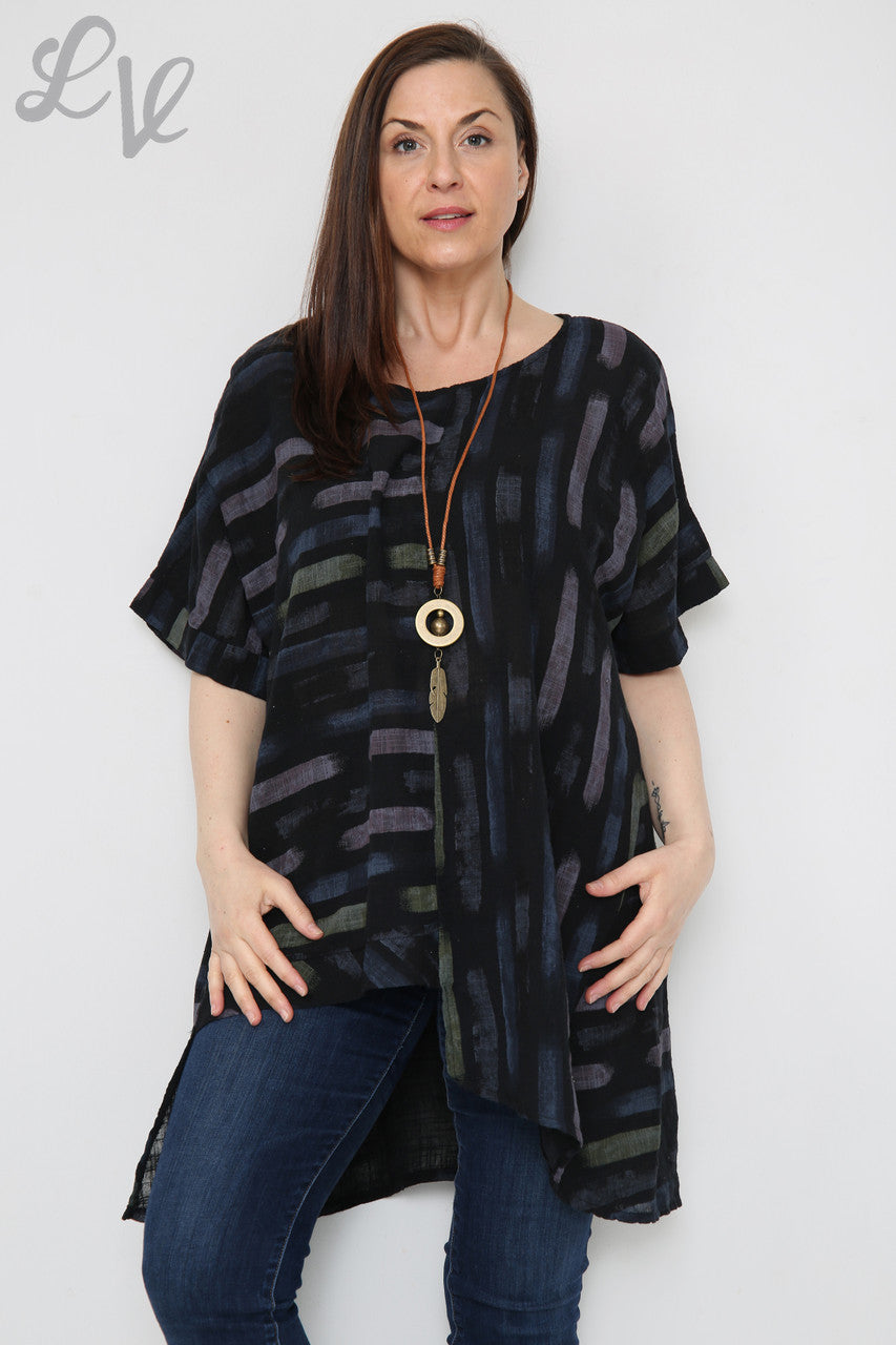 Dames T-shirt met strepenprint en asymmetrische zoom zwart Eenheidsprijs € 8,99
