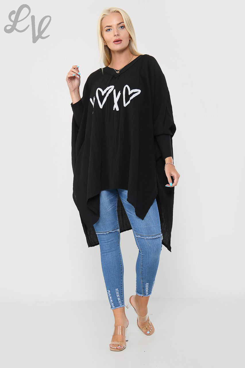 Dames liefdeshart en kruis grafische vleermuismouwentop zwart - Eenheidsprijs €9,99