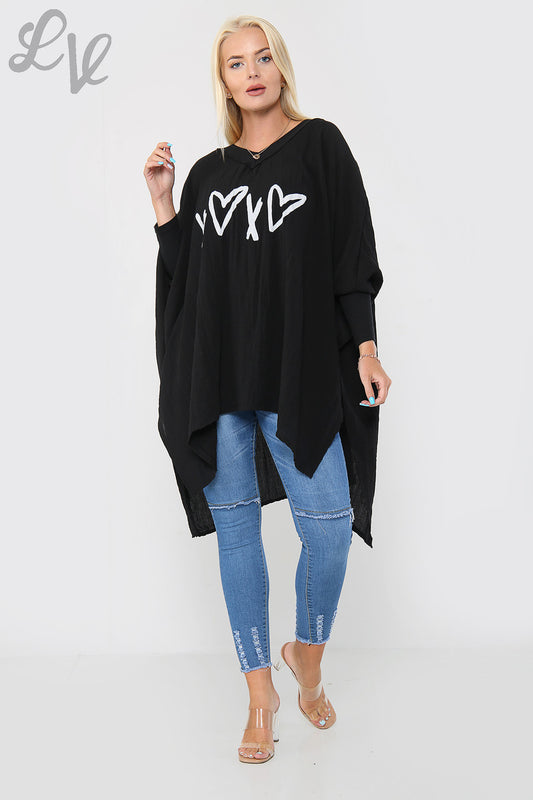 Ladies Love Heart & Cross Graphic Batwing Top Black - Unit Price £9.99