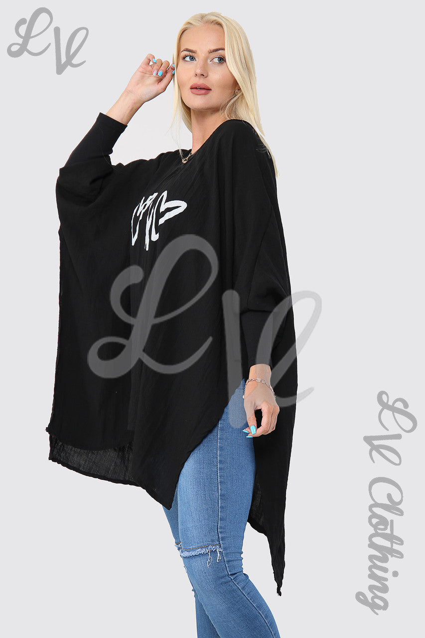 Dames liefdeshart en kruis grafische vleermuismouwentop zwart - Eenheidsprijs €9,99