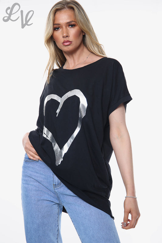 Ladies Foil Heart Graphic Top Black Unit Price £10.99