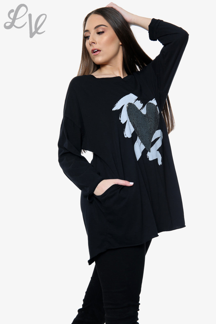 Dames Squiggle Love Heart Top Zwart Stukprijs €10,99