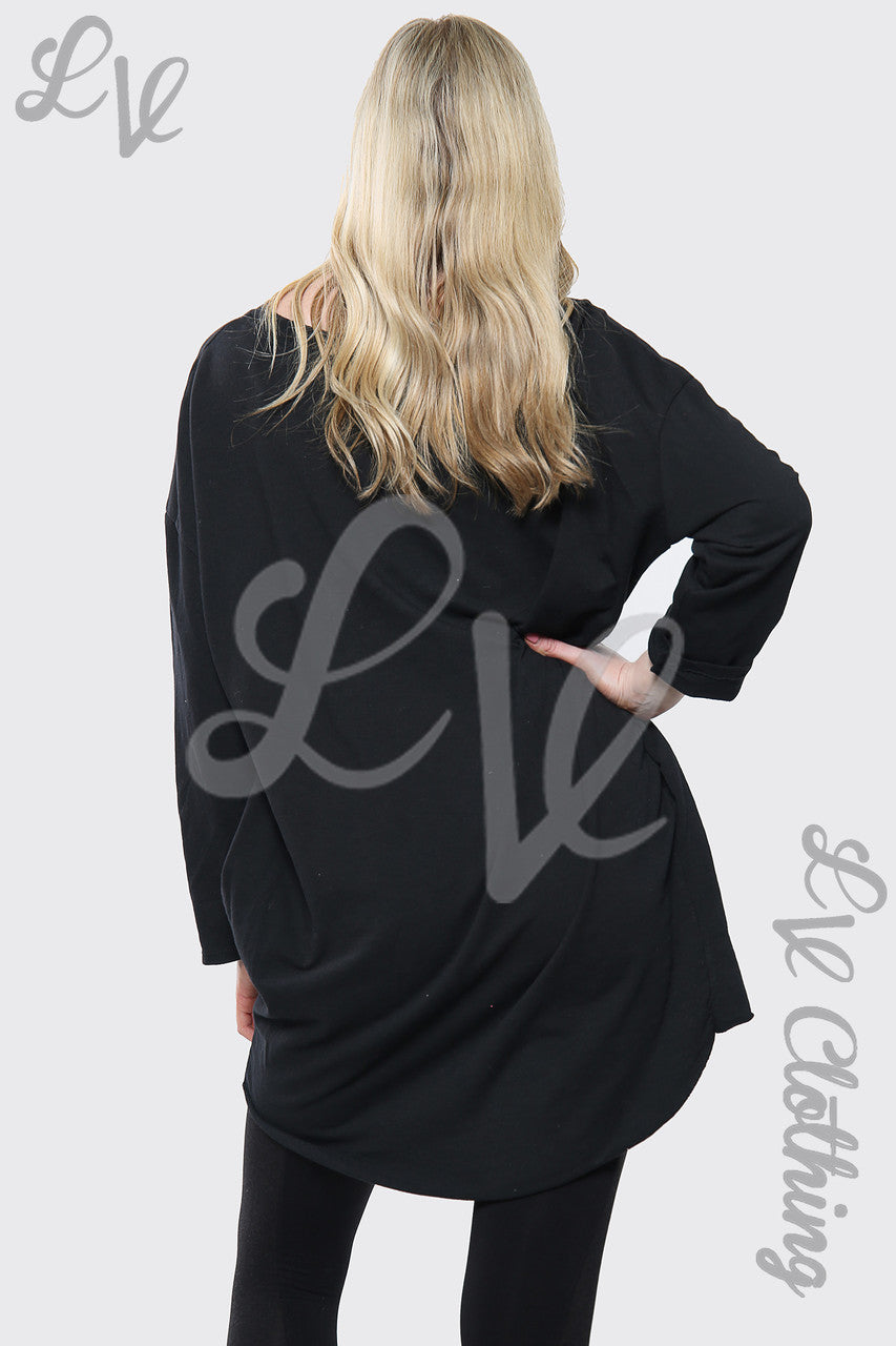 Dames oversized top met lovertjeshartprint zwart stukprijs € 15,99