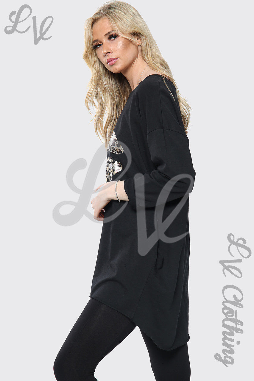 Dames Luipaard Lippen Print Vleermuismouw Oversized Top Zwart Prijs per stuk £14.99