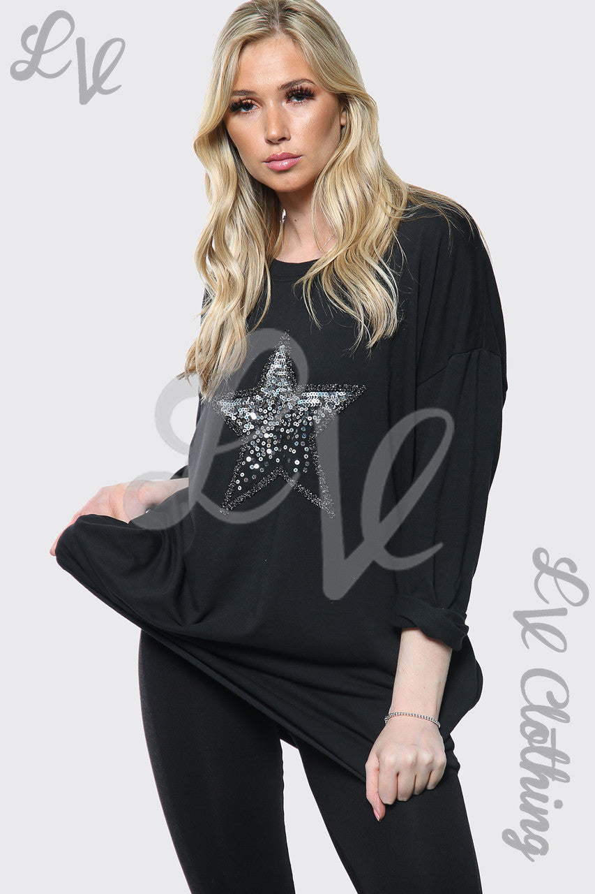 Ladies Silver Sequin Star Print Italian Oversize Top Black Unit Price £13.99