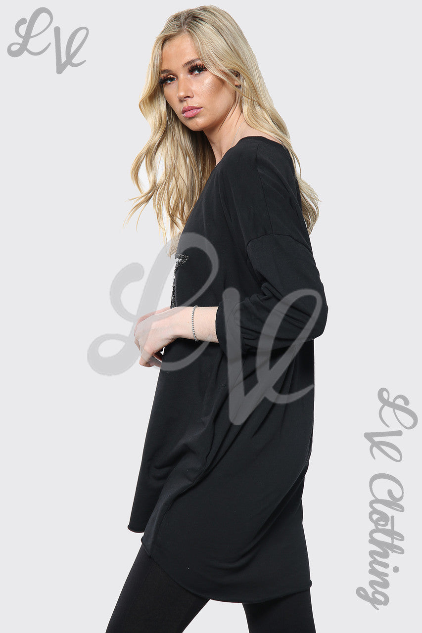 Ladies Silver Sequin Star Print Italian Oversize Top Black Unit Price £13.99
