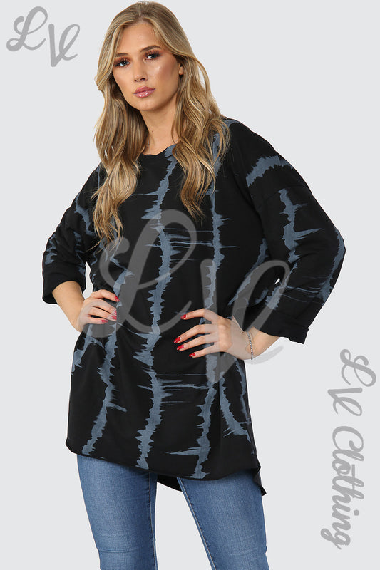 Black tie-dye tunic top with three-quarter sleeves and round neckline