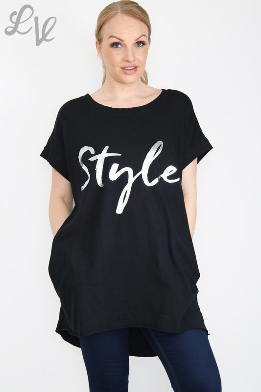 Ladies Foil 'Style' Graphic Top Black Unit Price £6.99