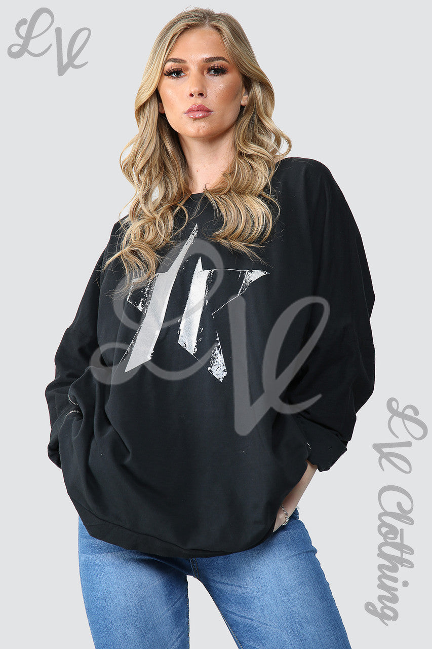 Dames Folie Ster Graphic Sweatshirt Tuniek Top Zwart - Eenheidsprijs £ 15,99