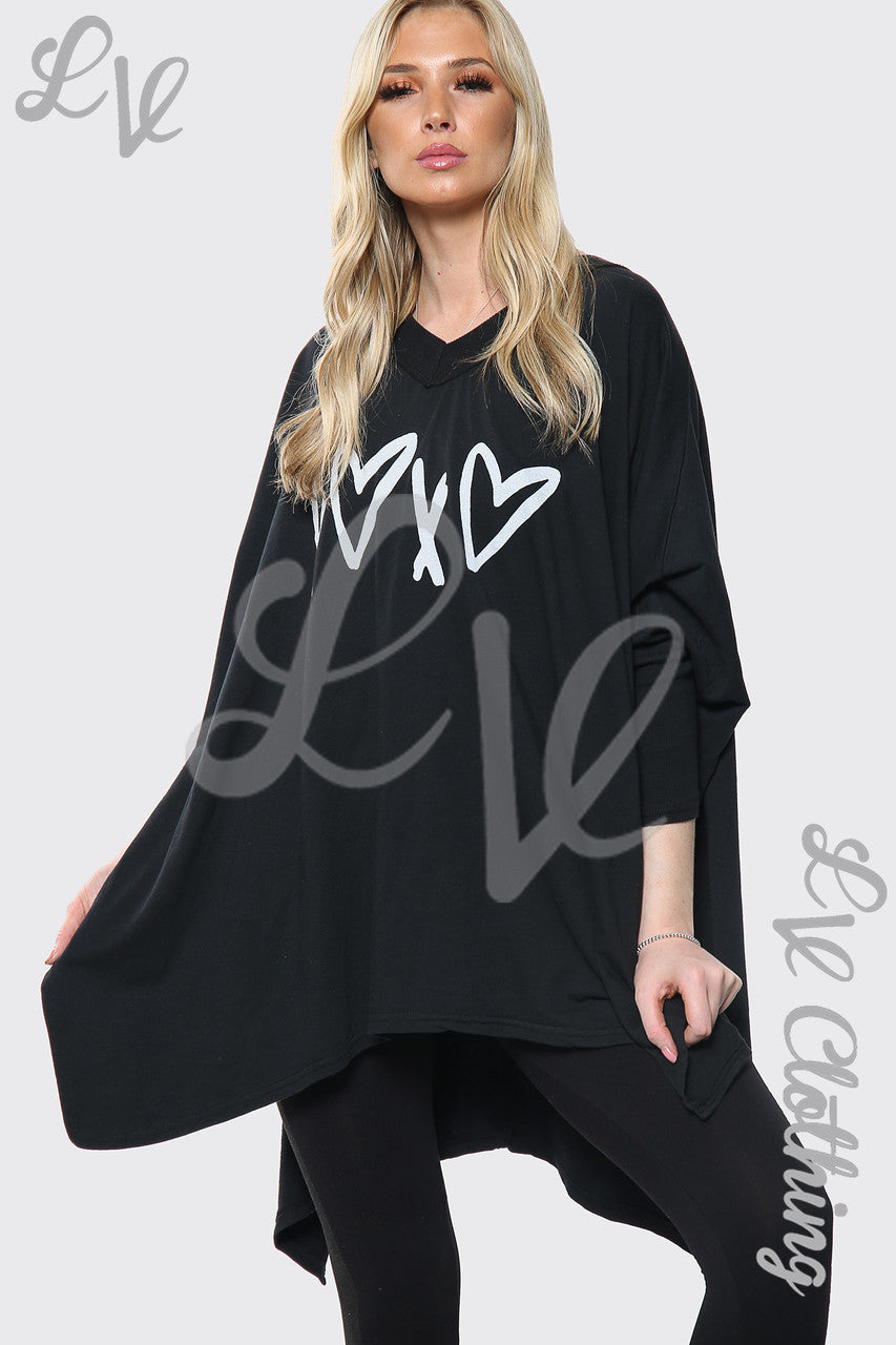 Dames Heart X Print Italiaanse Wijde Top Zwart Stukprijs €17,99