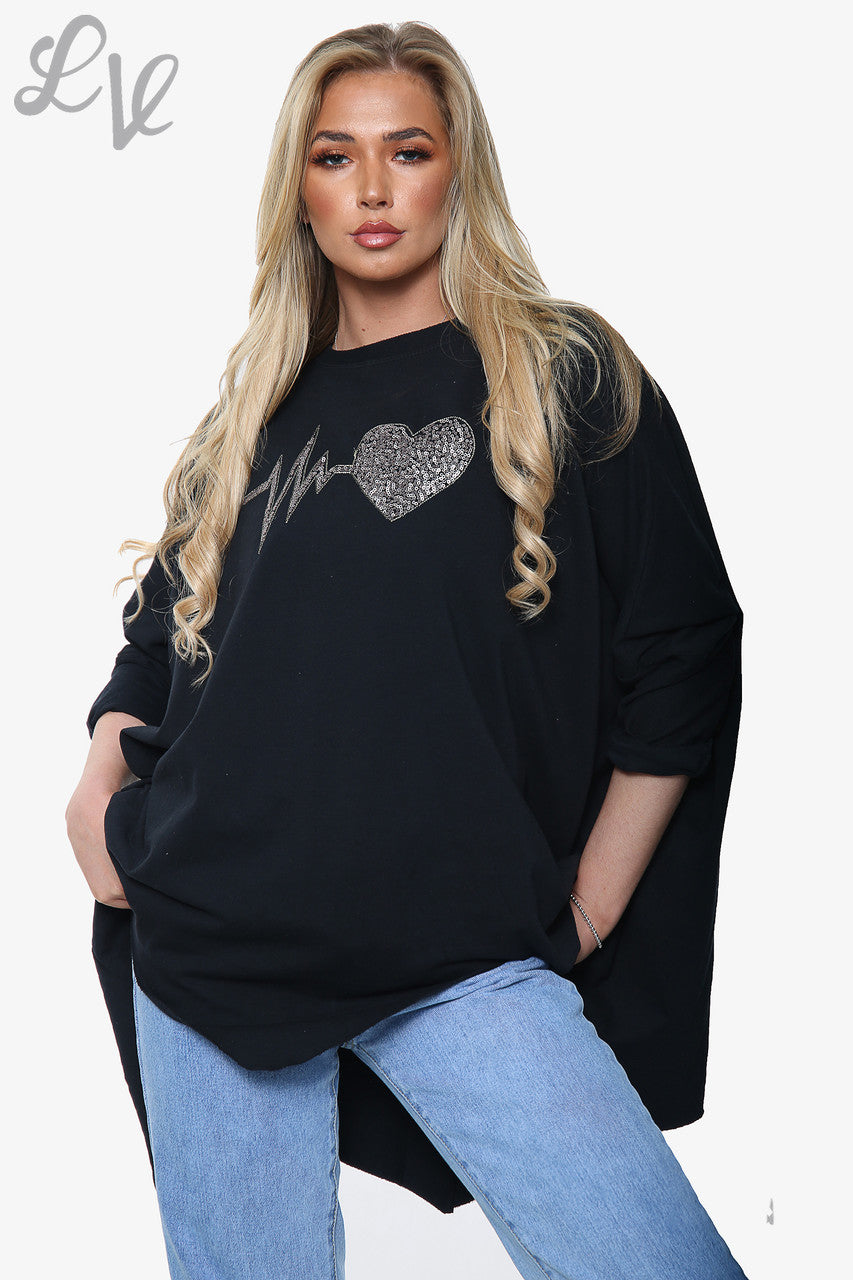 Ladies Heartbeat Graphic Sweatshirt Top Black Unit Price £13.99 NOW £10.49