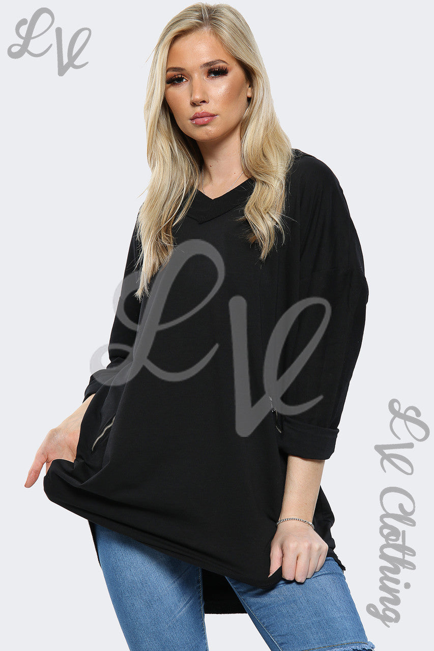 Dames V-hals Oversized Sweatshirt Top Zwart - Prijs per stuk £11,99
