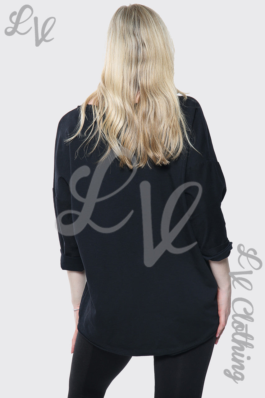 Dames zilveren hart print Italiaanse top Zwart Stukprijs £ 7,99