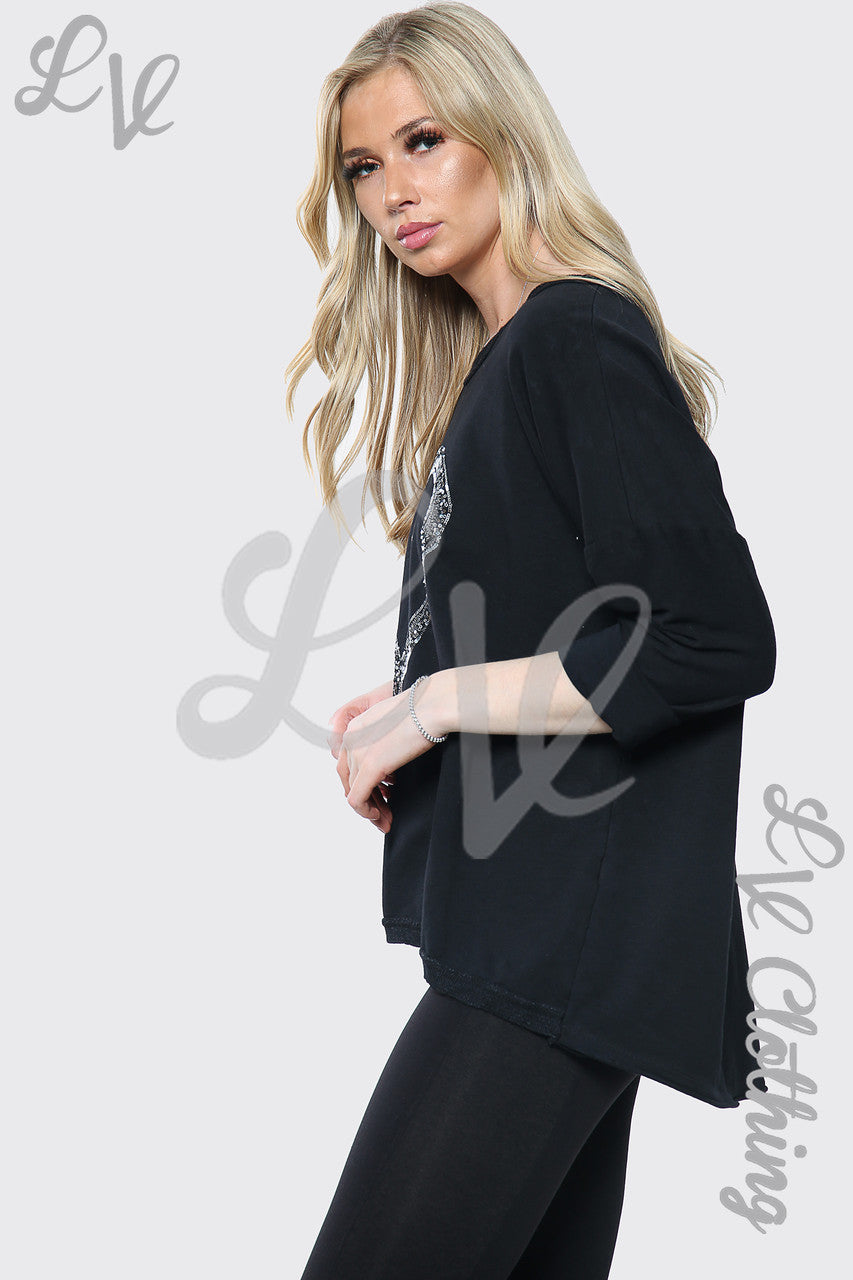 Dames zilveren hart print Italiaanse top Zwart Stukprijs £ 7,99