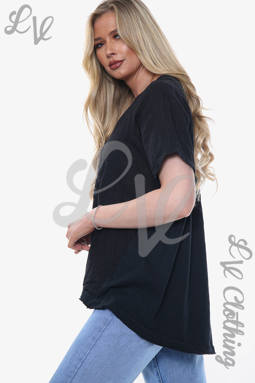 Ladies Linen Flower Applique Top Black Unit Price £12.99