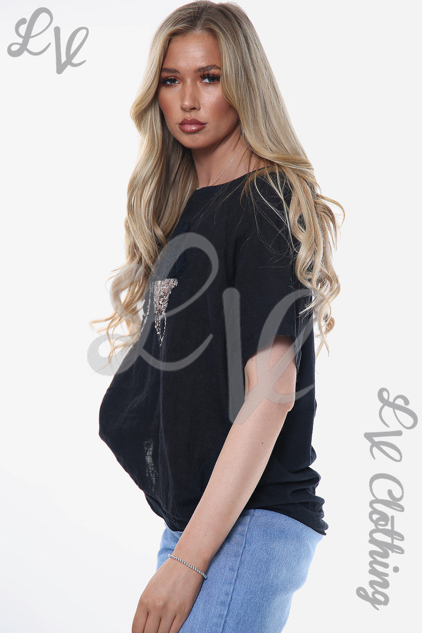 Ladies Linen Bicycle Applique Top Black Unit Price £12.99