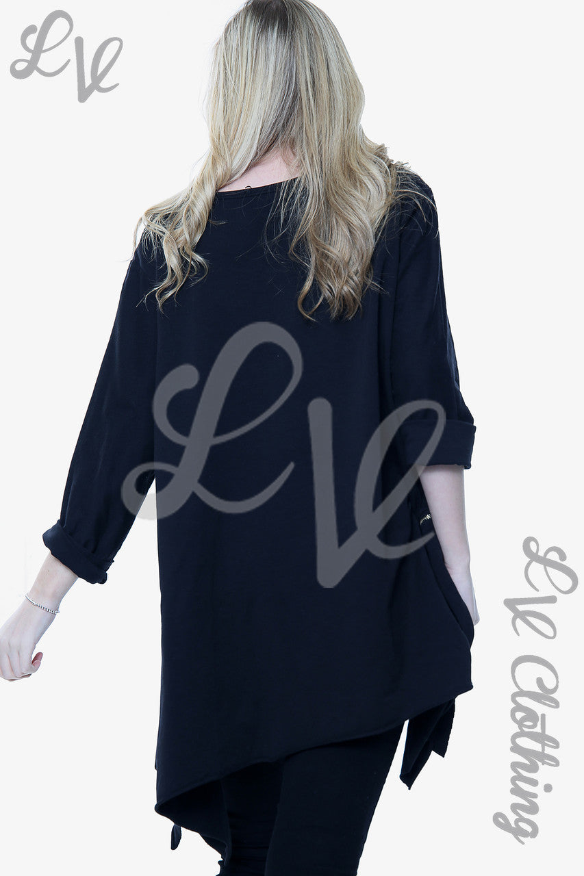 Dames sweatshirt met gedrapeerde zoom en ritsdetail, zwart, eenheidsprijs € 15,99