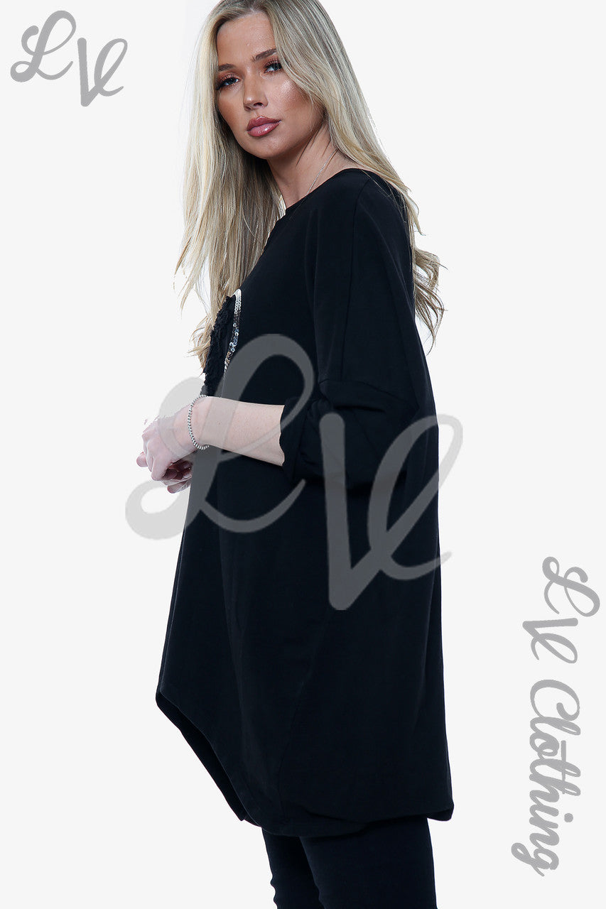 Dames Apliek Ruche Folie Hart Sweatshirt Top Zwart Prijs per eenheid €13,99