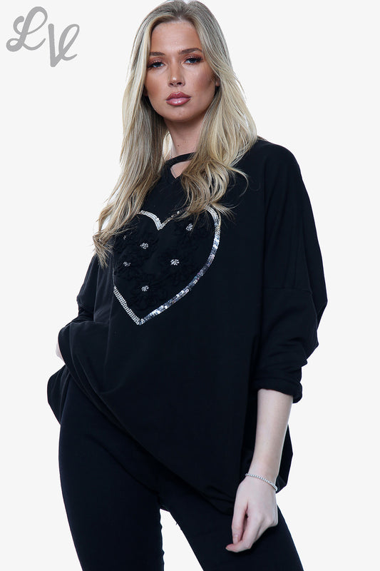 Ladies Applique Ruffle Foil Heart Sweatshirt Top Black Unit Price £13.99