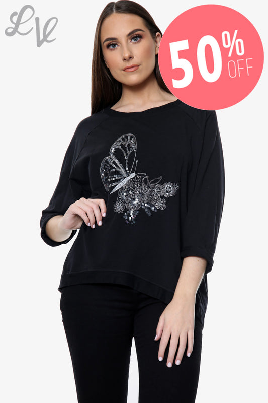 Ladies Sequin Butterfly Detail Top Black Unit Price WAS £13.99 NOW £6.99