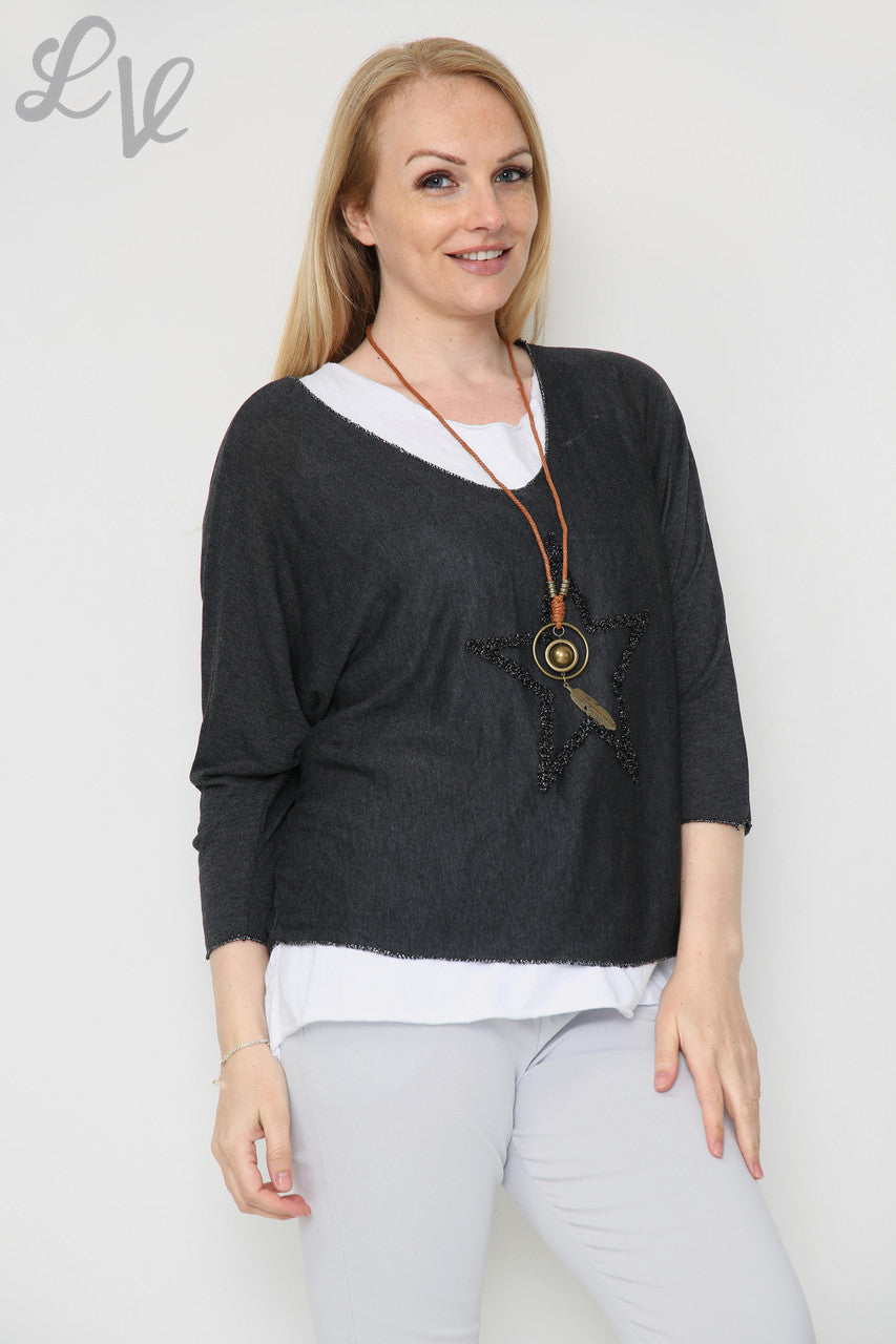Dames Glitter Ster 2-Laags Top Met Ketting Zwart Stukprijs £10.99