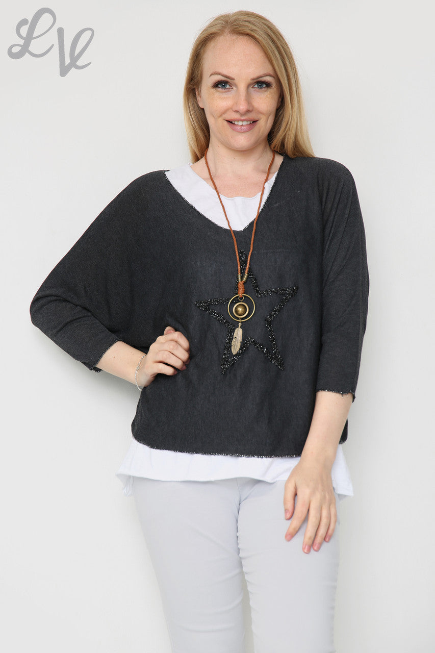 Dames Glitter Ster 2-Laags Top Met Ketting Zwart Stukprijs £10.99
