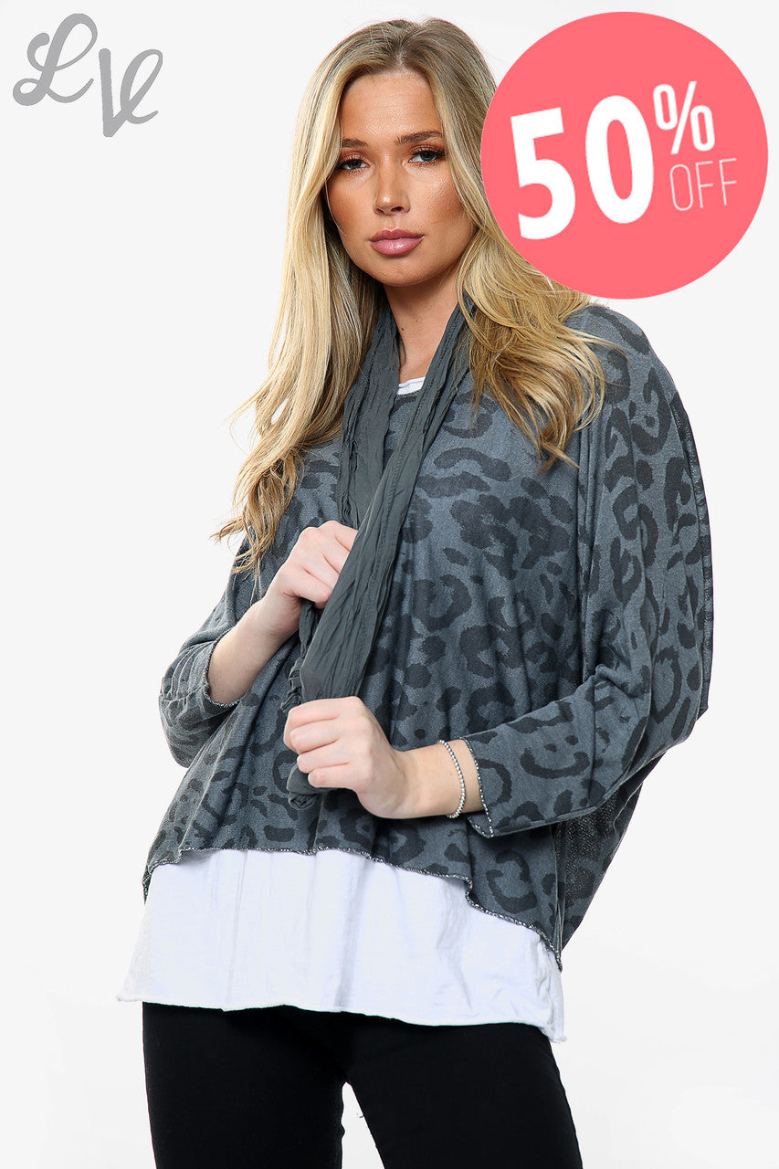 Dames Luipaardprint 2-Laagse Top Met Bijpassende Sjaal Zwart Stukprijs WAS €13,99 NU €6,99