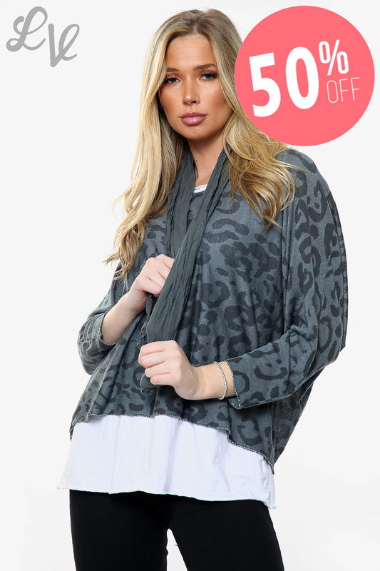 Ladies Leopard Print 2 Layer Top With Matching Scarf Black Unit Price WAS £13.99 NOW £6.99