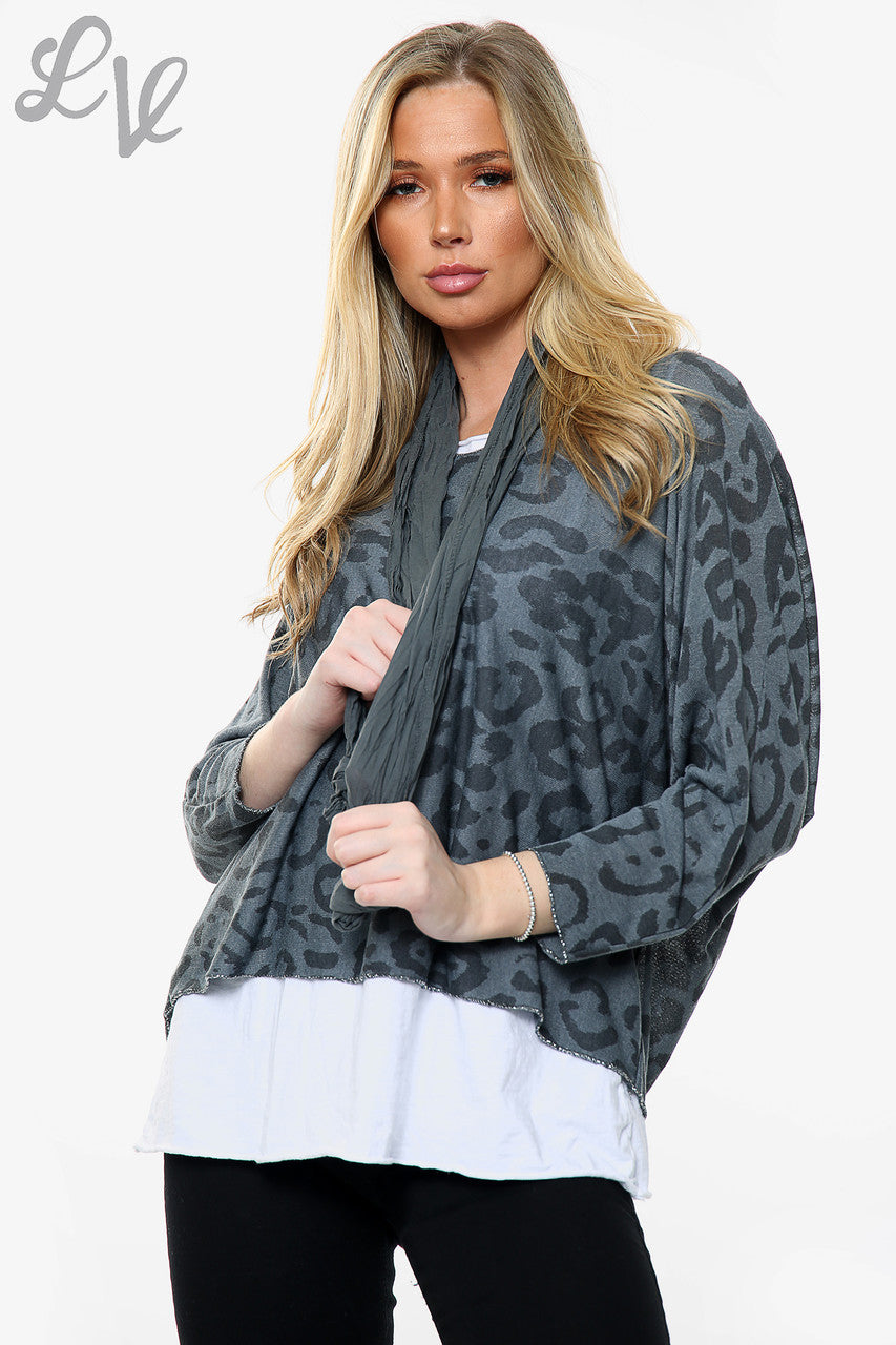 Dames Luipaardprint 2-Laagse Top Met Bijpassende Sjaal Zwart Stukprijs WAS €13,99 NU €6,99