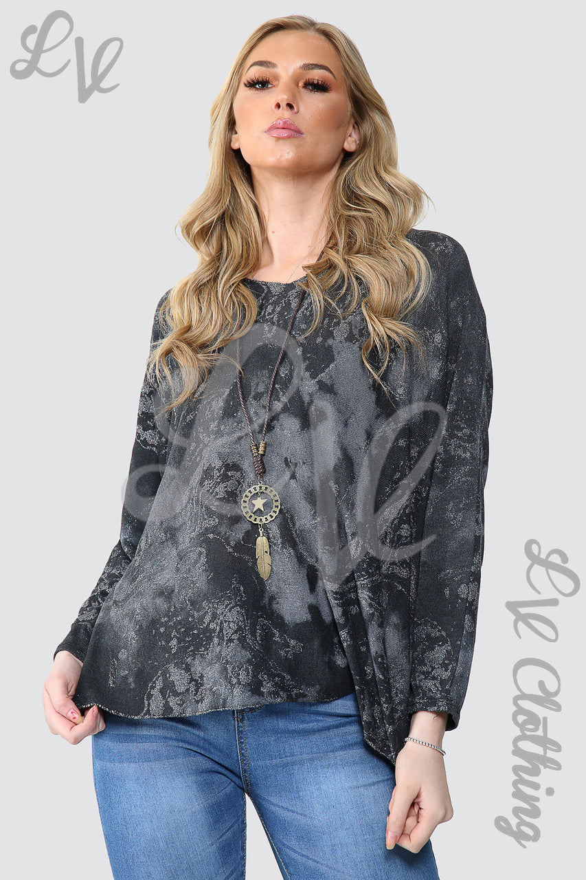 Dames Acid Wash Top Met Glittereffect En Ketting Zwart - Stukprijs €10,99
