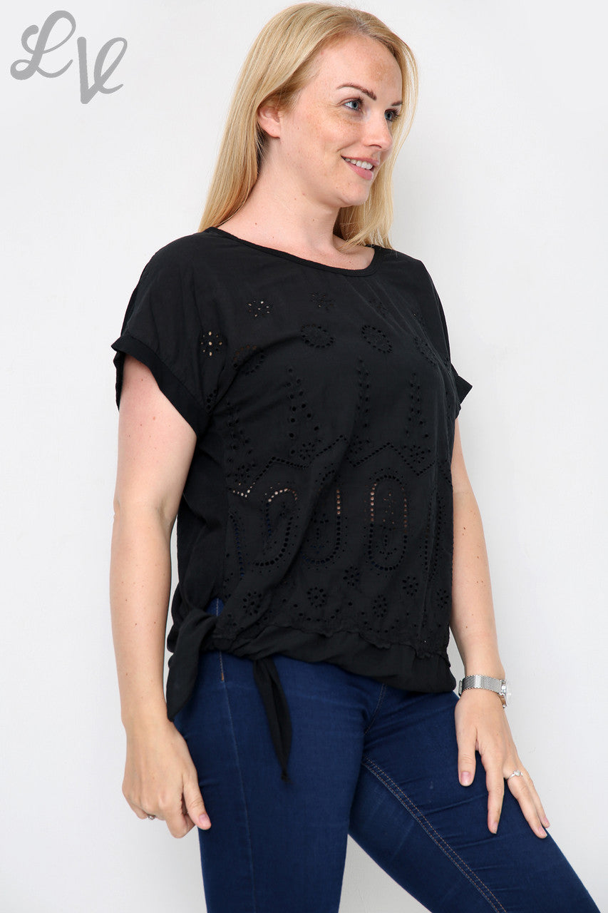 Dames Anglaise Top met Strikceintuur Zwart - Prijs per stuk €10,99